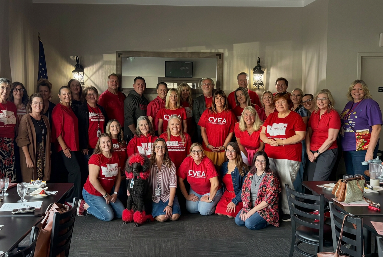 CVEA Rep Council members wearing red for Wear Red for Ed, with the group's dog Rebel in the front row